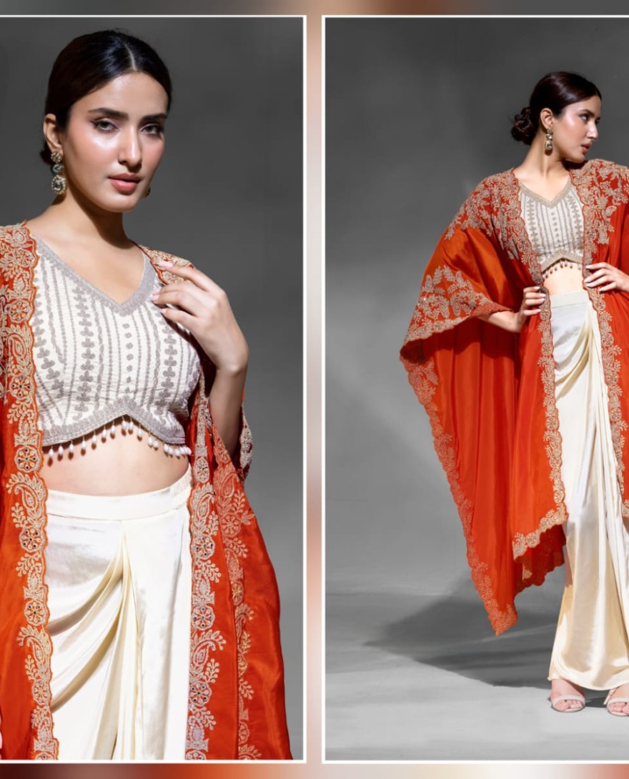 ORANGE - Heavy Orange embroidered blouse with jhumka lace 