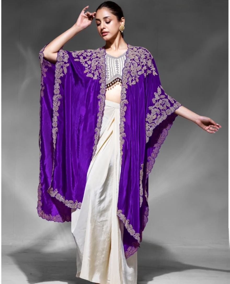 PURPLE - Heavy Purple embroidered blouse with jhumka lace 