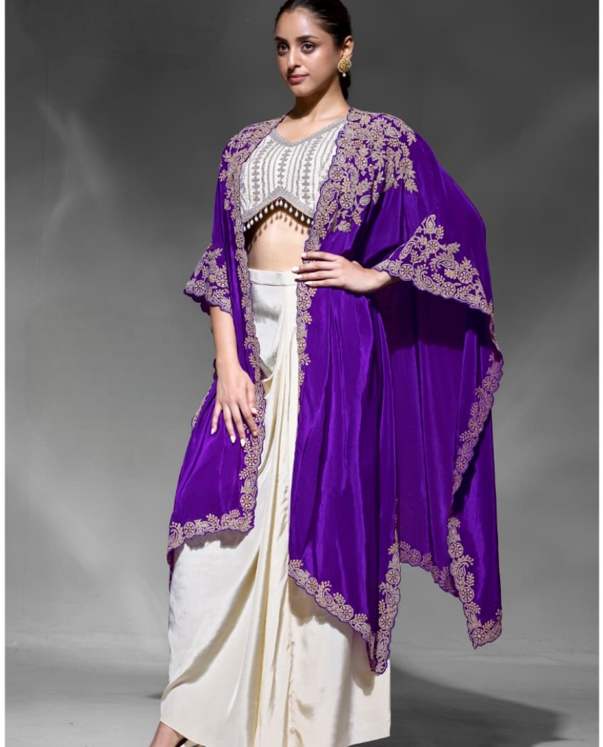 PURPLE - Heavy Purple embroidered blouse with jhumka lace 