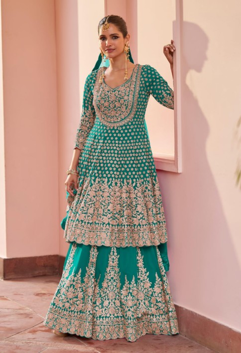 Rama Green Embroidered Georgette Lehenga Kameez for Ceremonial