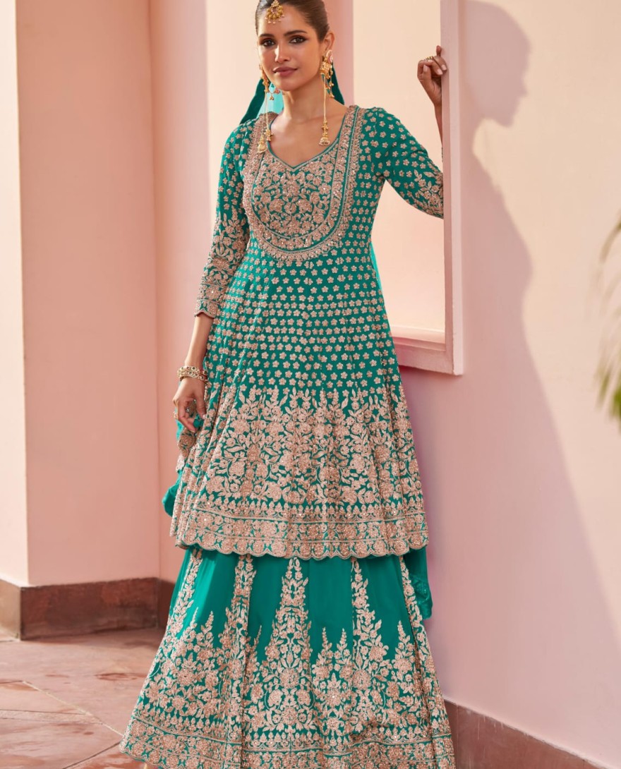 BLUE - Rama Green Embroidered Georgette Lehenga Kameez for Ceremonial