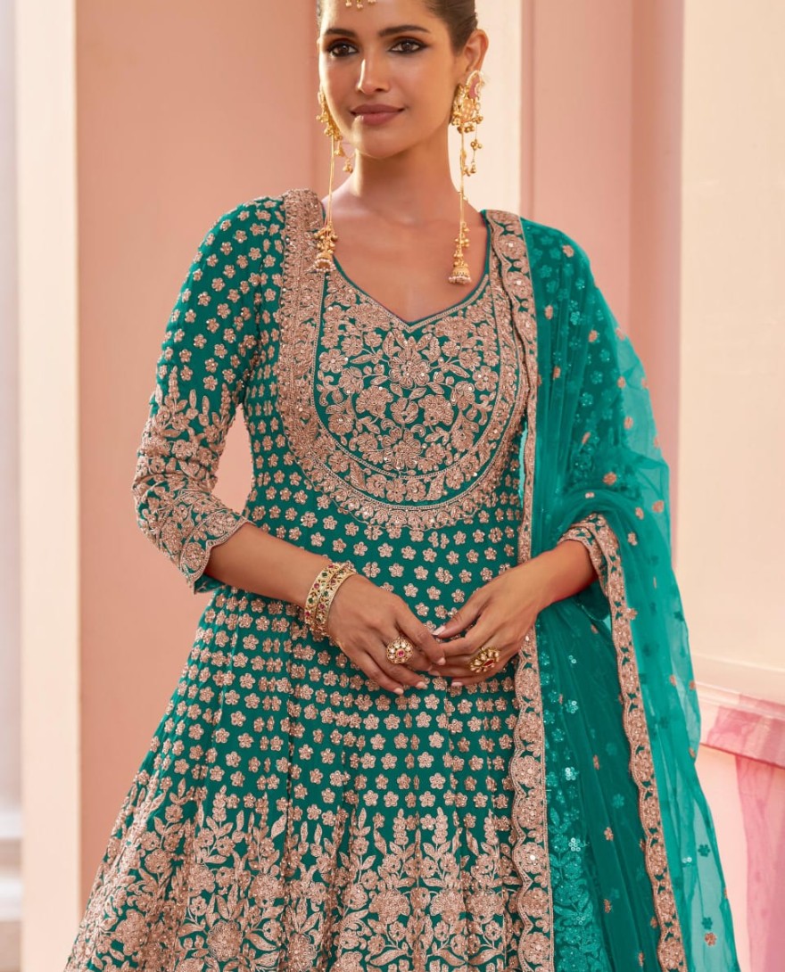BLUE - Rama Green Embroidered Georgette Lehenga Kameez for Ceremonial