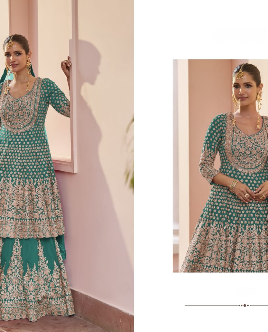 BLUE - Rama Green Embroidered Georgette Lehenga Kameez for Ceremonial