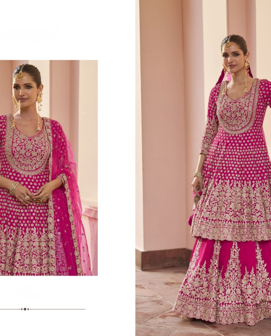 PINK - Rani Pink Embroidered Georgette Lehenga Kameez for Ceremonial