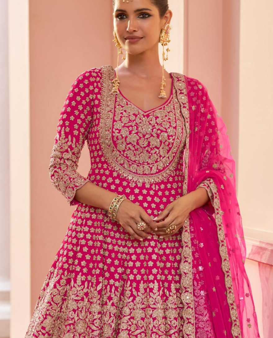 PINK - Rani Pink Embroidered Georgette Lehenga Kameez for Ceremonial