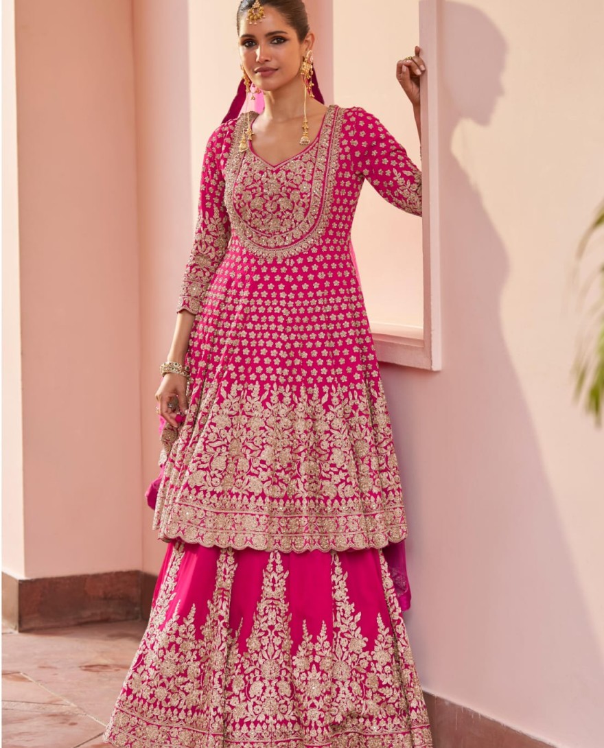 PINK - Rani Pink Embroidered Georgette Lehenga Kameez for Ceremonial