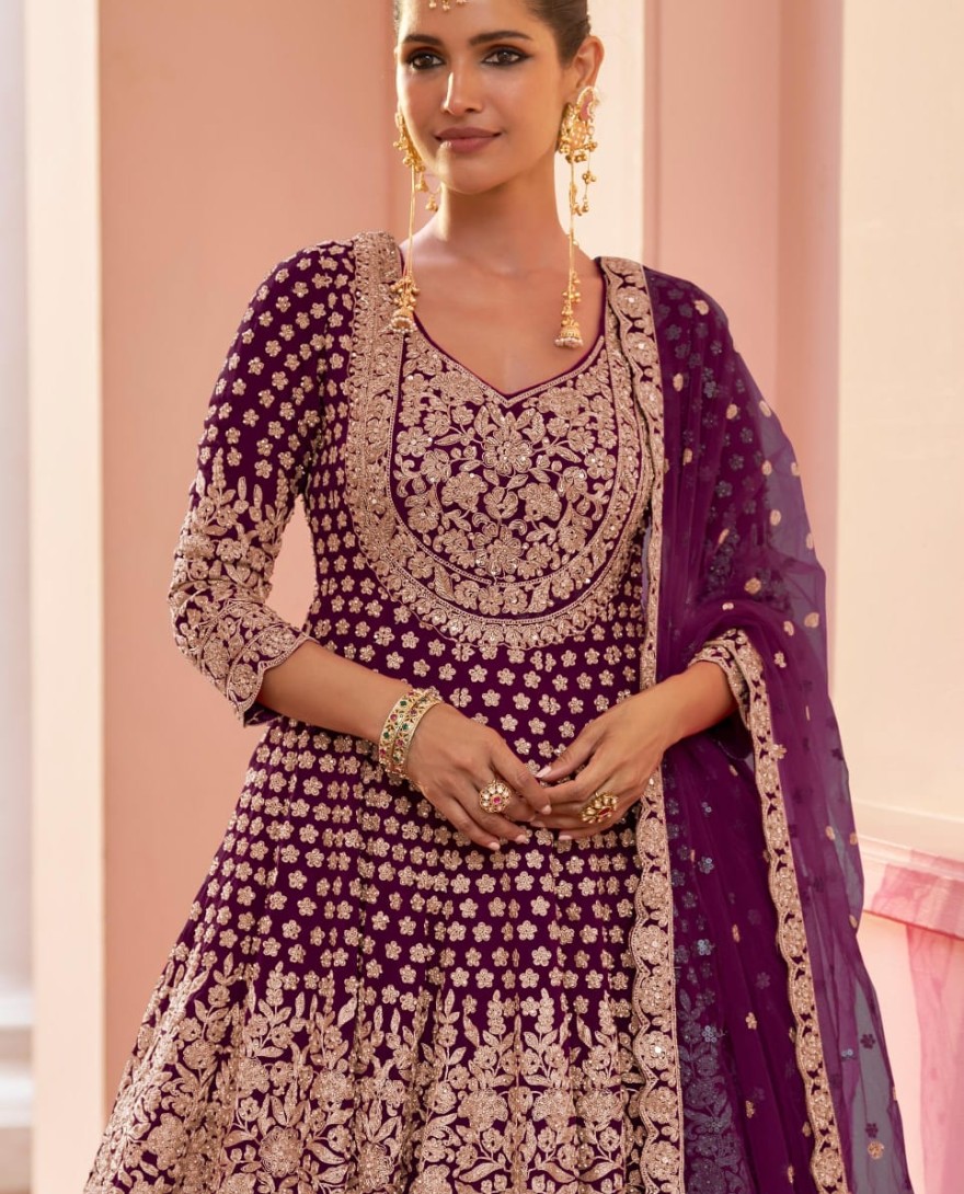 PURPLE - Wine Embroidered Georgette Lehenga Kameez for Ceremonial