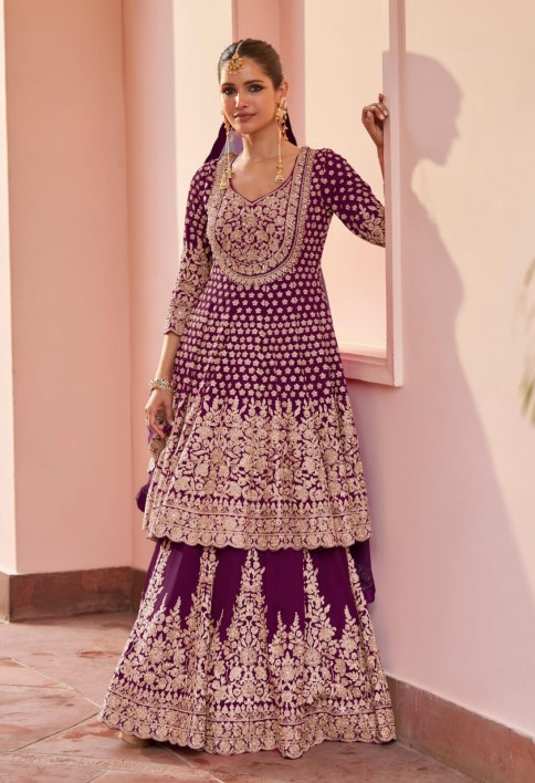 Wine Embroidered Georgette Lehenga Kameez for Ceremonial
