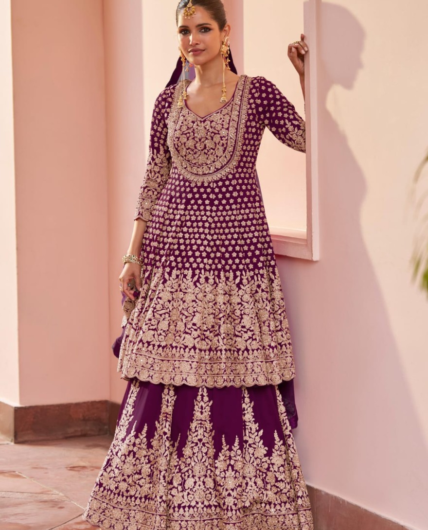 PURPLE - Wine Embroidered Georgette Lehenga Kameez for Ceremonial