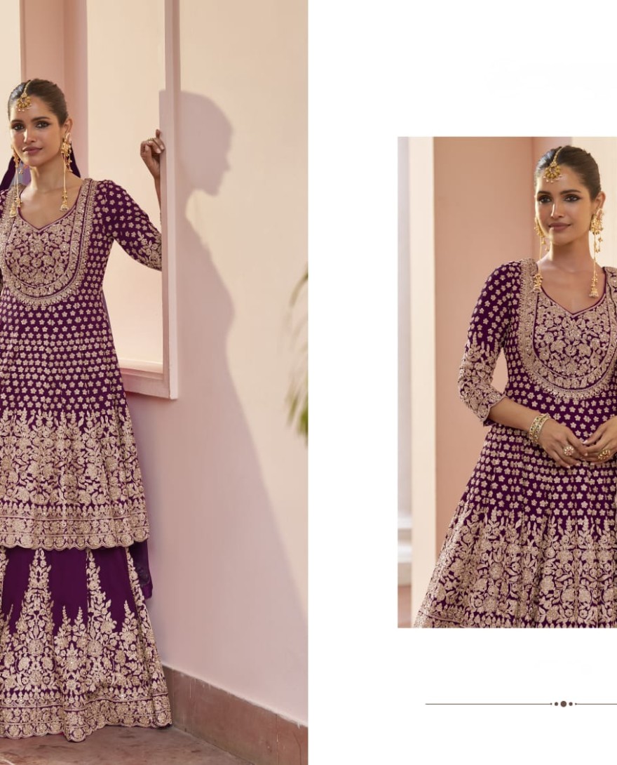 PURPLE - Wine Embroidered Georgette Lehenga Kameez for Ceremonial