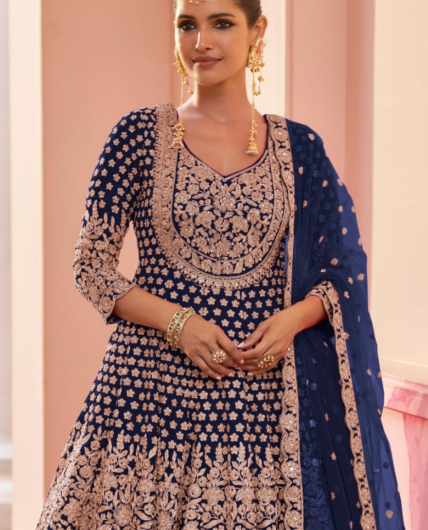 BLUE - Navy Blue Embroidered Georgette Lehenga Kameez for Ceremonial
