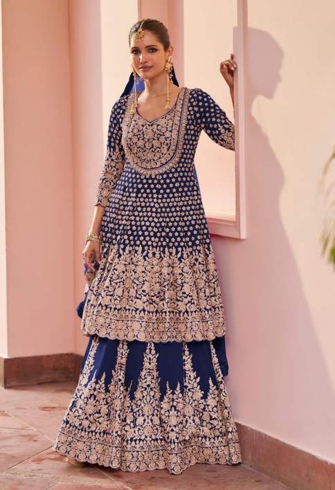 Navy Blue Embroidered Georgette Lehenga Kameez for Ceremonial