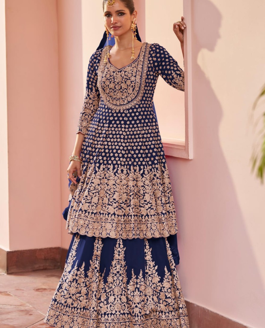 BLUE - Navy Blue Embroidered Georgette Lehenga Kameez for Ceremonial
