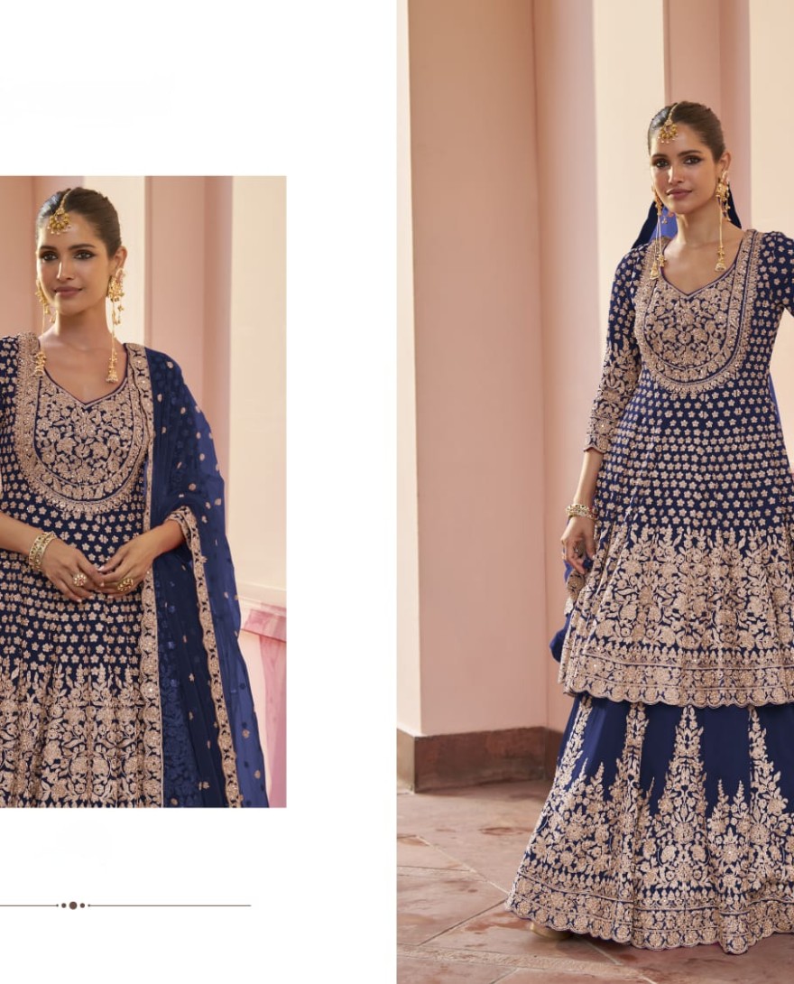 BLUE - Navy Blue Embroidered Georgette Lehenga Kameez for Ceremonial