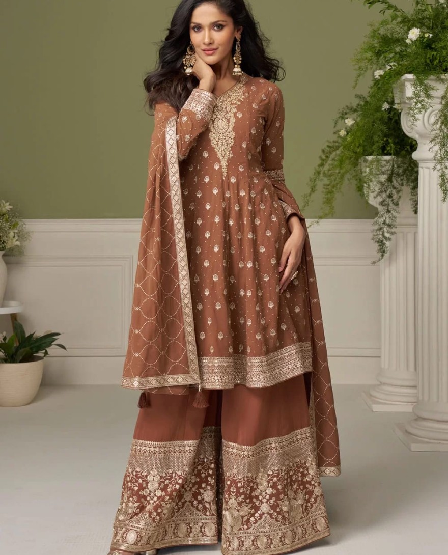 BROWN - Embroidered Work Georgette Salwar Suit In Brown Colour
