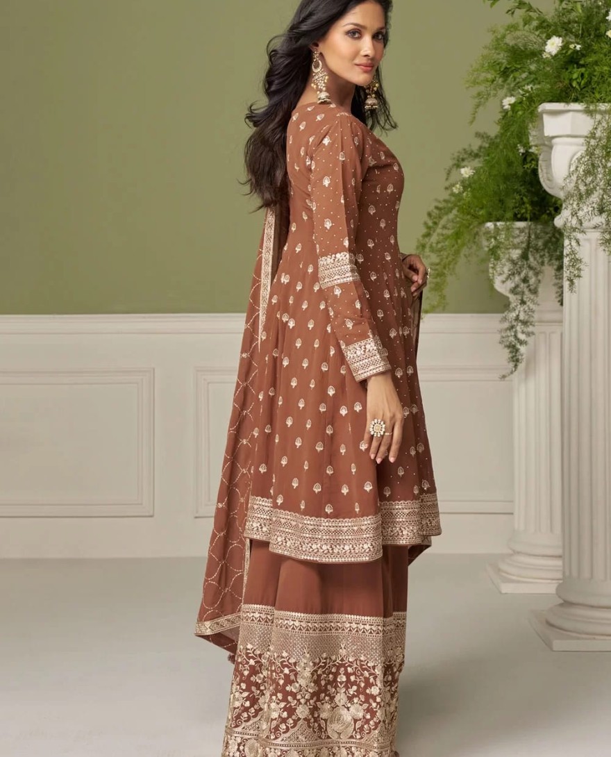 BROWN - Embroidered Work Georgette Salwar Suit In Brown Colour