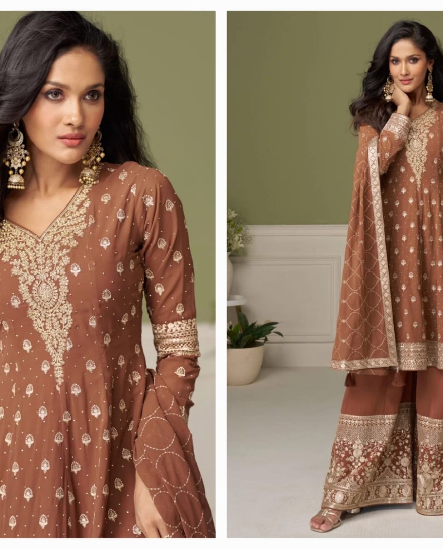BROWN - Embroidered Work Georgette Salwar Suit In Brown Colour