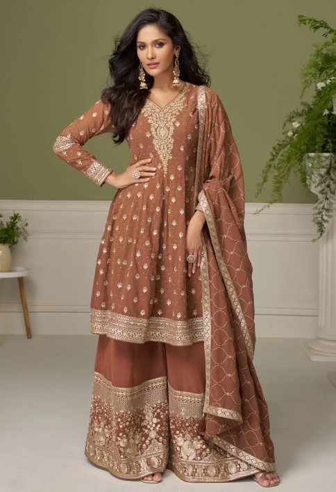 Embroidered Work Georgette Salwar Suit In Brown Colour