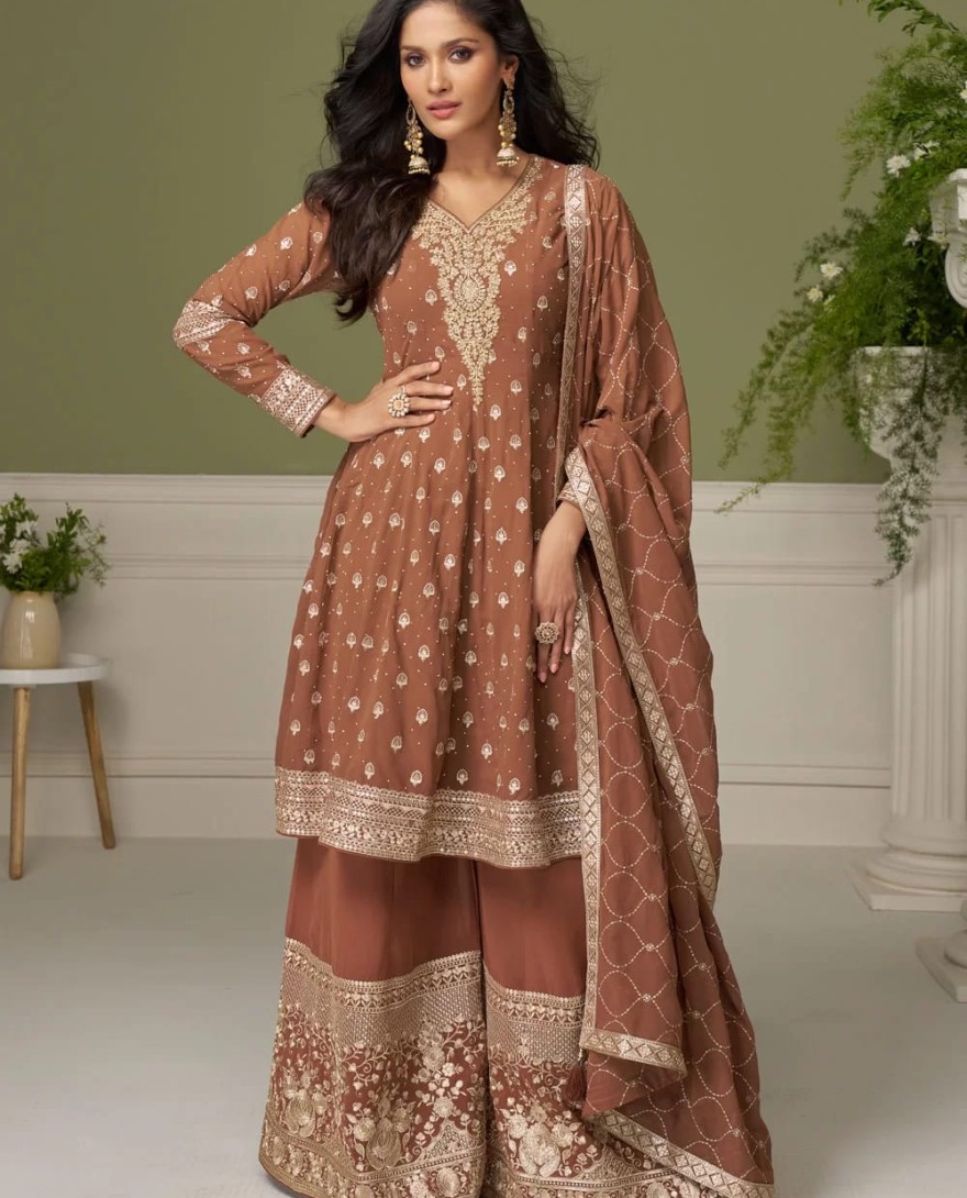 BROWN - Embroidered Work Georgette Salwar Suit In Brown Colour