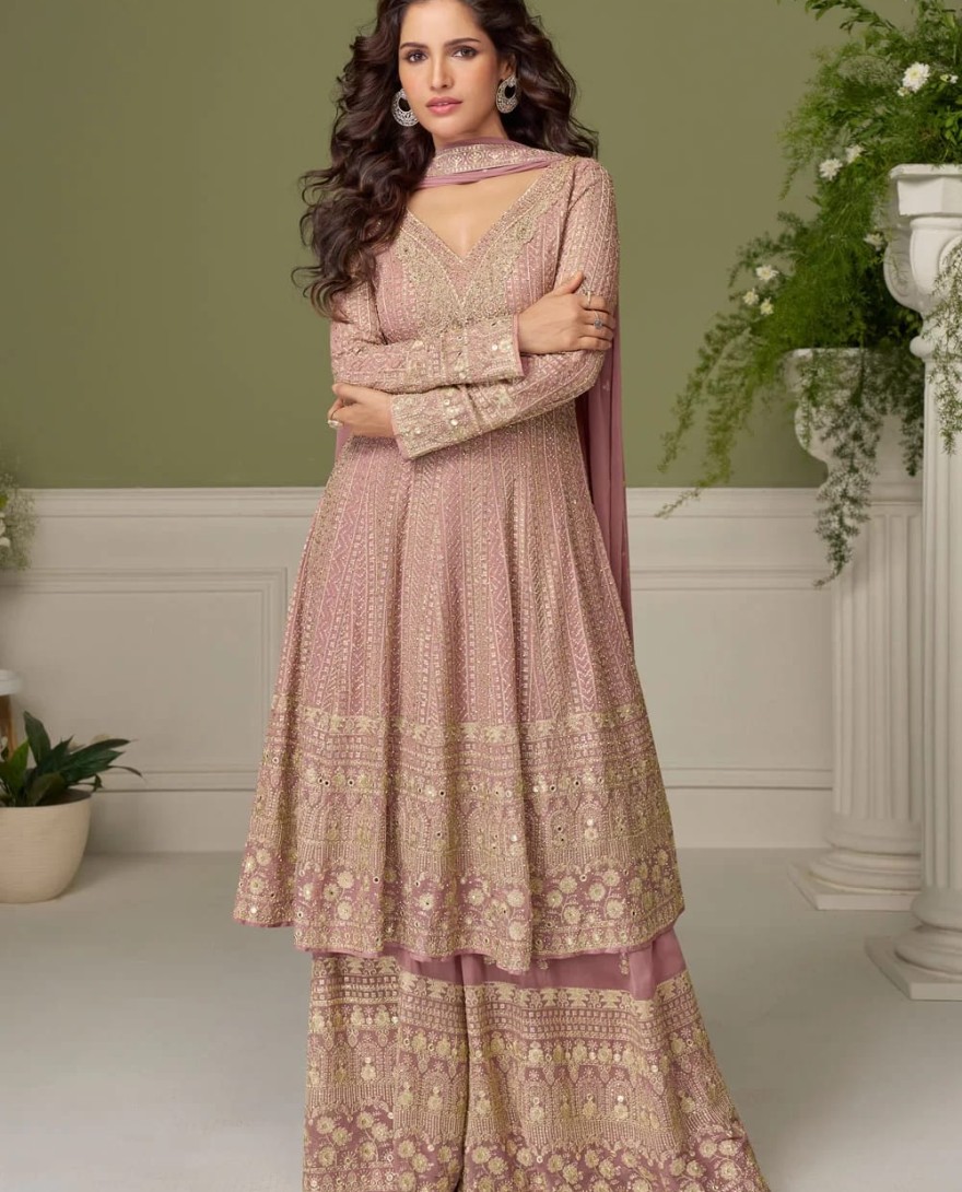PINK - Pink Georgette Embroidered Work Palazzo Salwar Suit