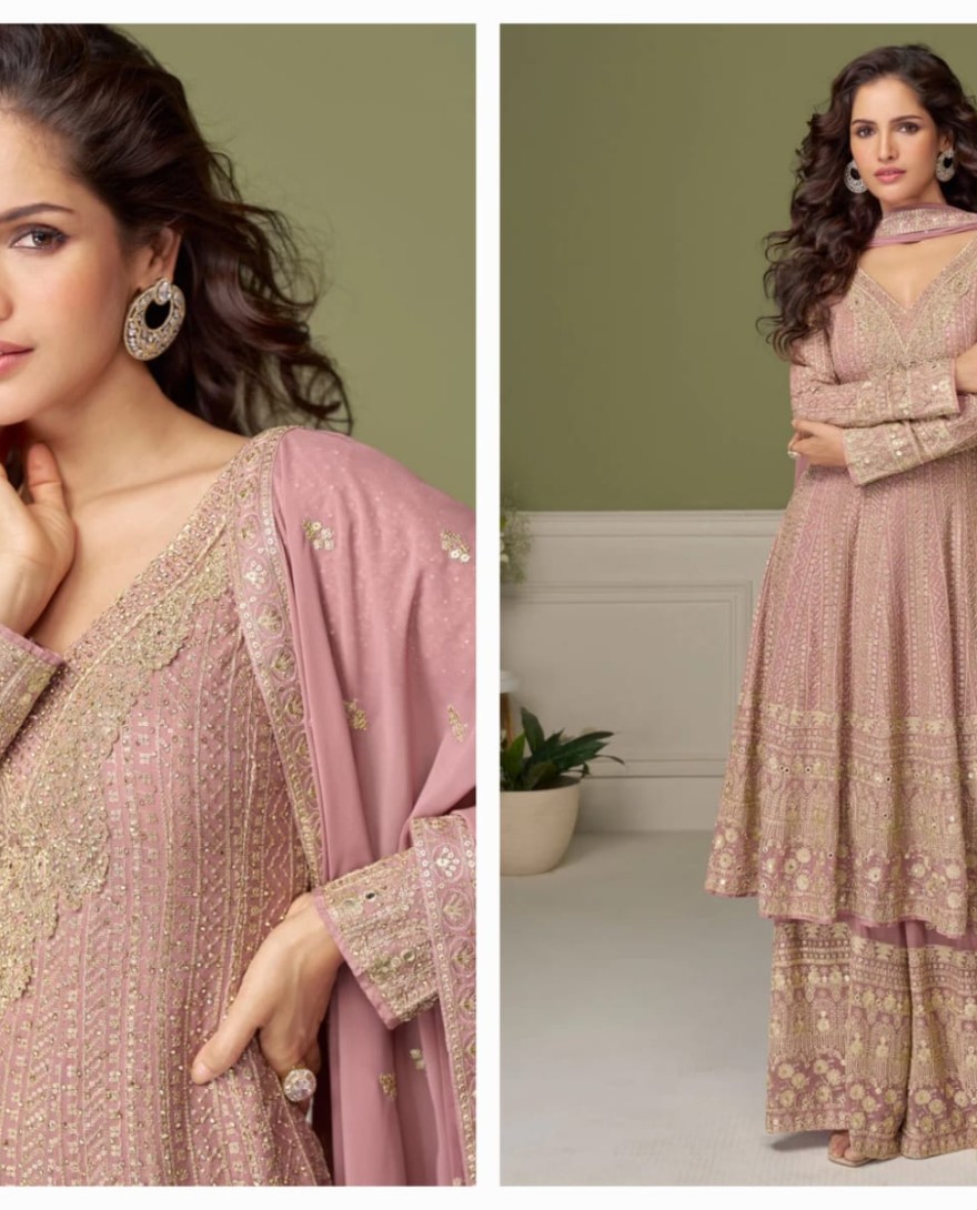 PINK - Pink Georgette Embroidered Work Palazzo Salwar Suit