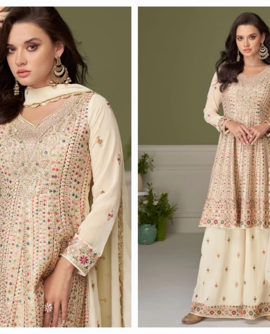 WHITE - Cream Georgette Readymade Salwar Suit