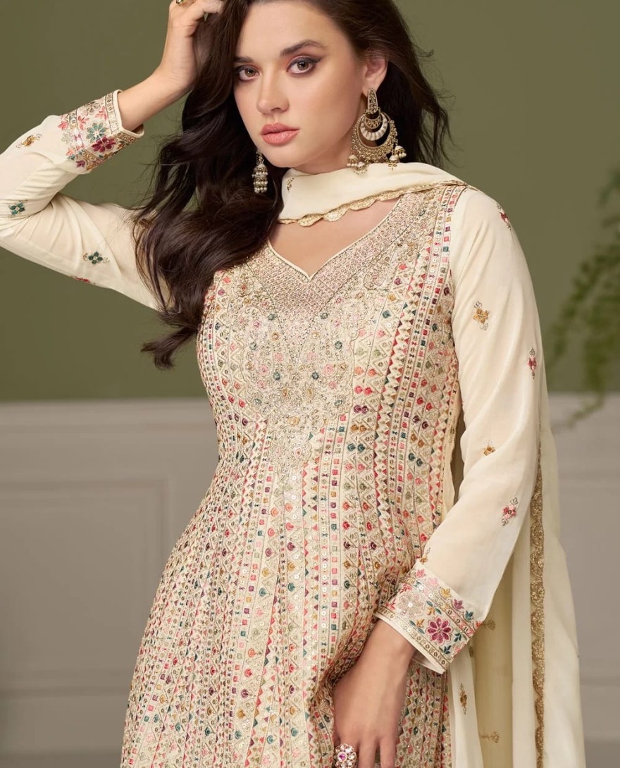 WHITE - Cream Georgette Readymade Salwar Suit