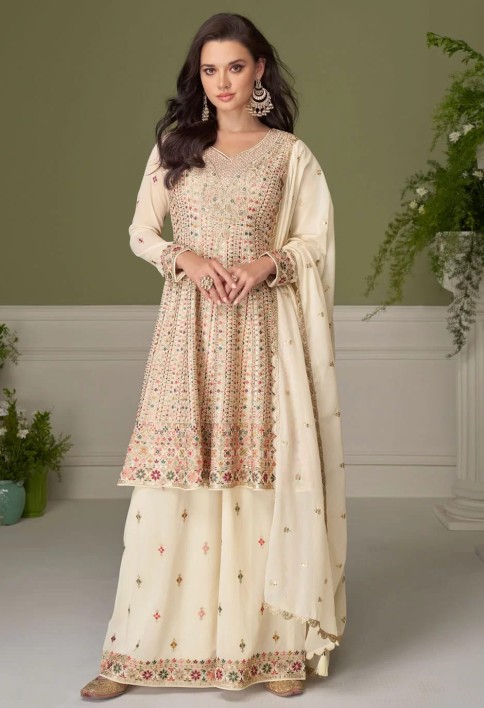 Cream Georgette Readymade Salwar Suit