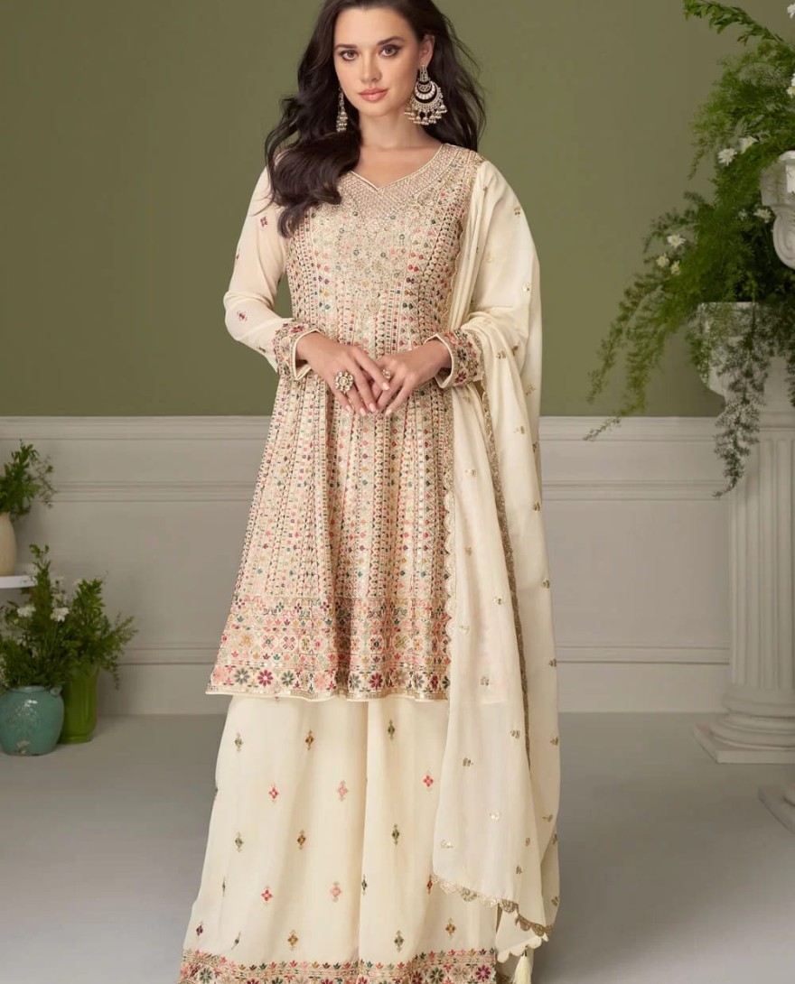 WHITE - Cream Georgette Readymade Salwar Suit