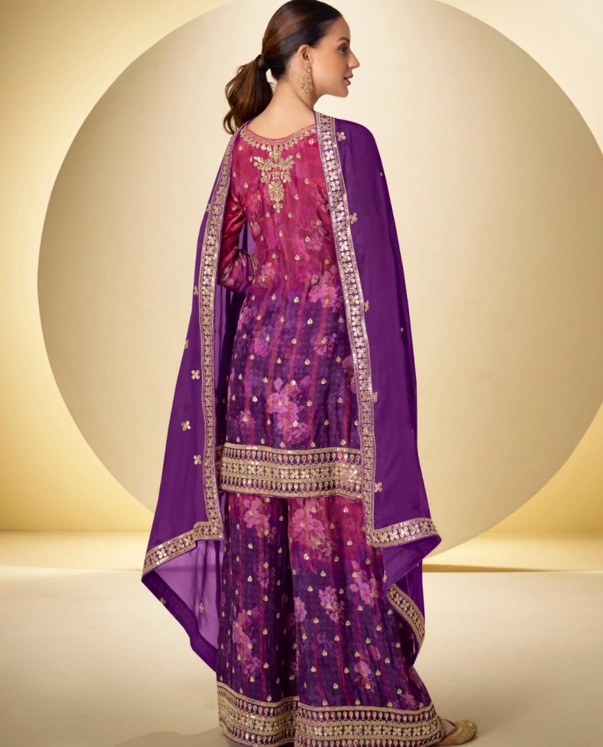 7598 - Purple Real Chinon Embroidered Sharara Suit