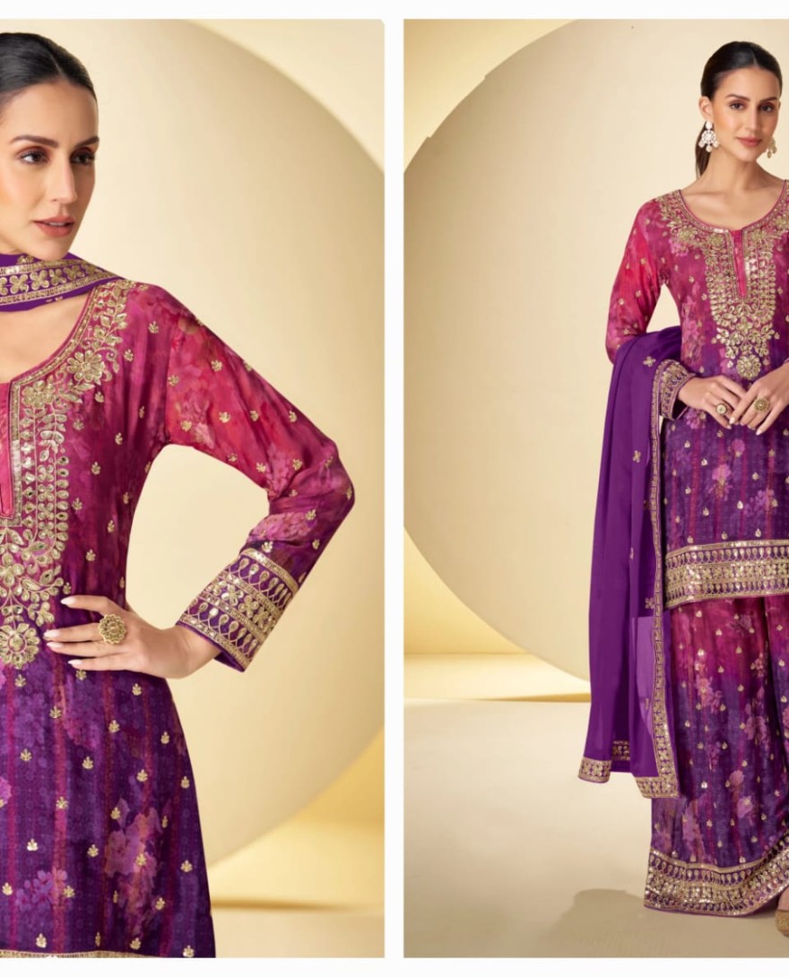 7598 - Purple Real Chinon Embroidered Sharara Suit