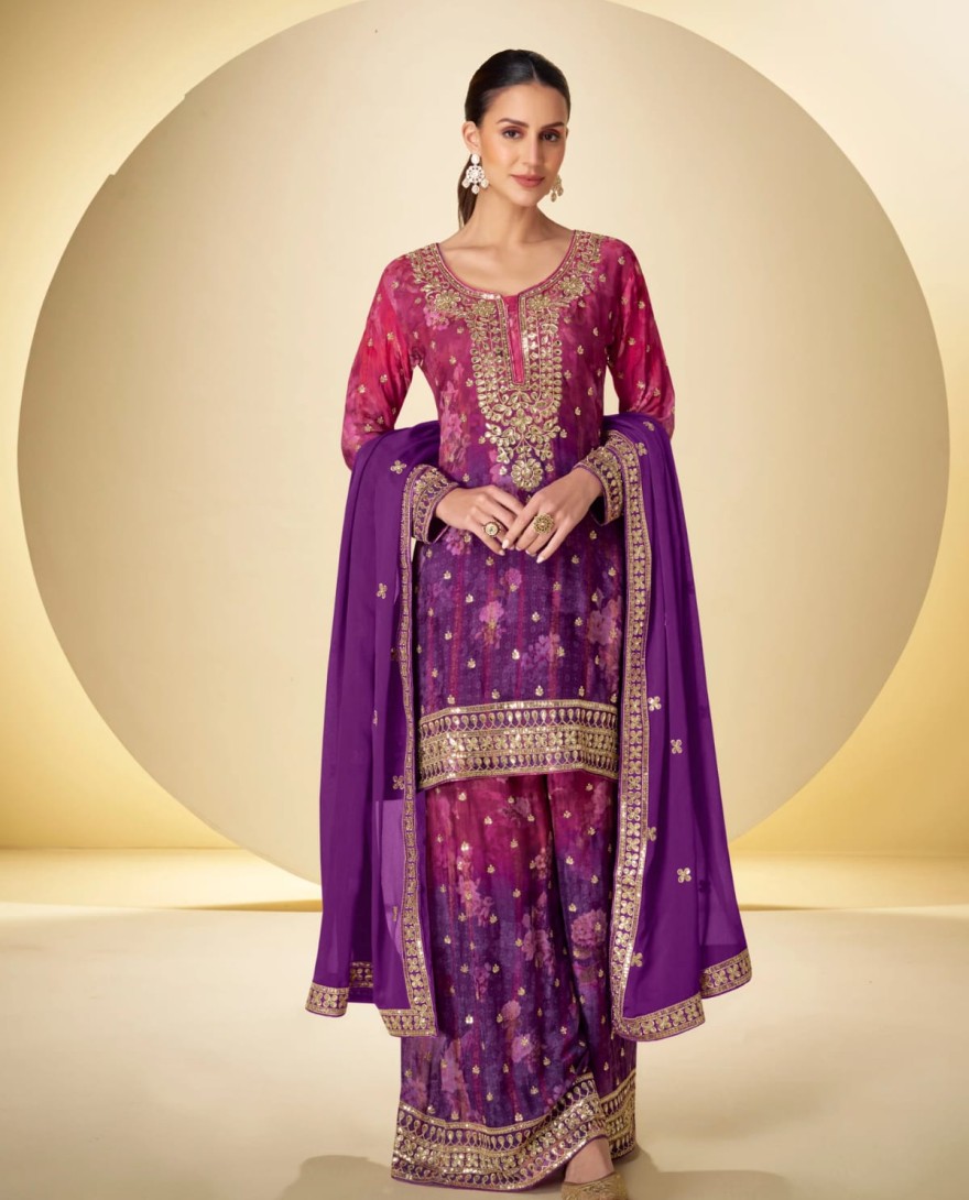 7598 - Purple Real Chinon Embroidered Sharara Suit