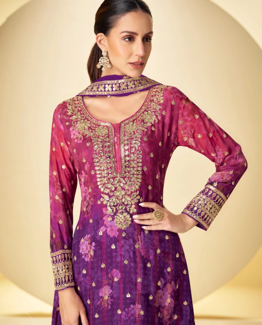 7598 - Purple Real Chinon Embroidered Sharara Suit