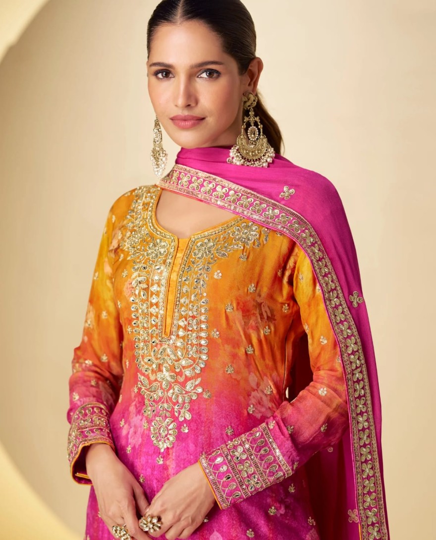 7599 - Pink Orange Real Chinon Embroidered Sharara Suit