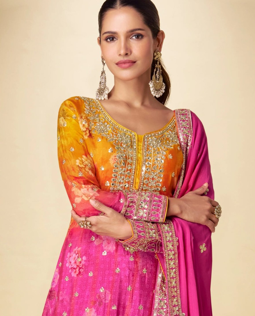 7599 - Pink Orange Real Chinon Embroidered Sharara Suit