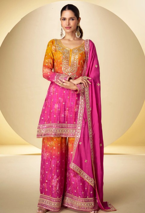 Pink Orange Real Chinon Embroidered Sharara Suit