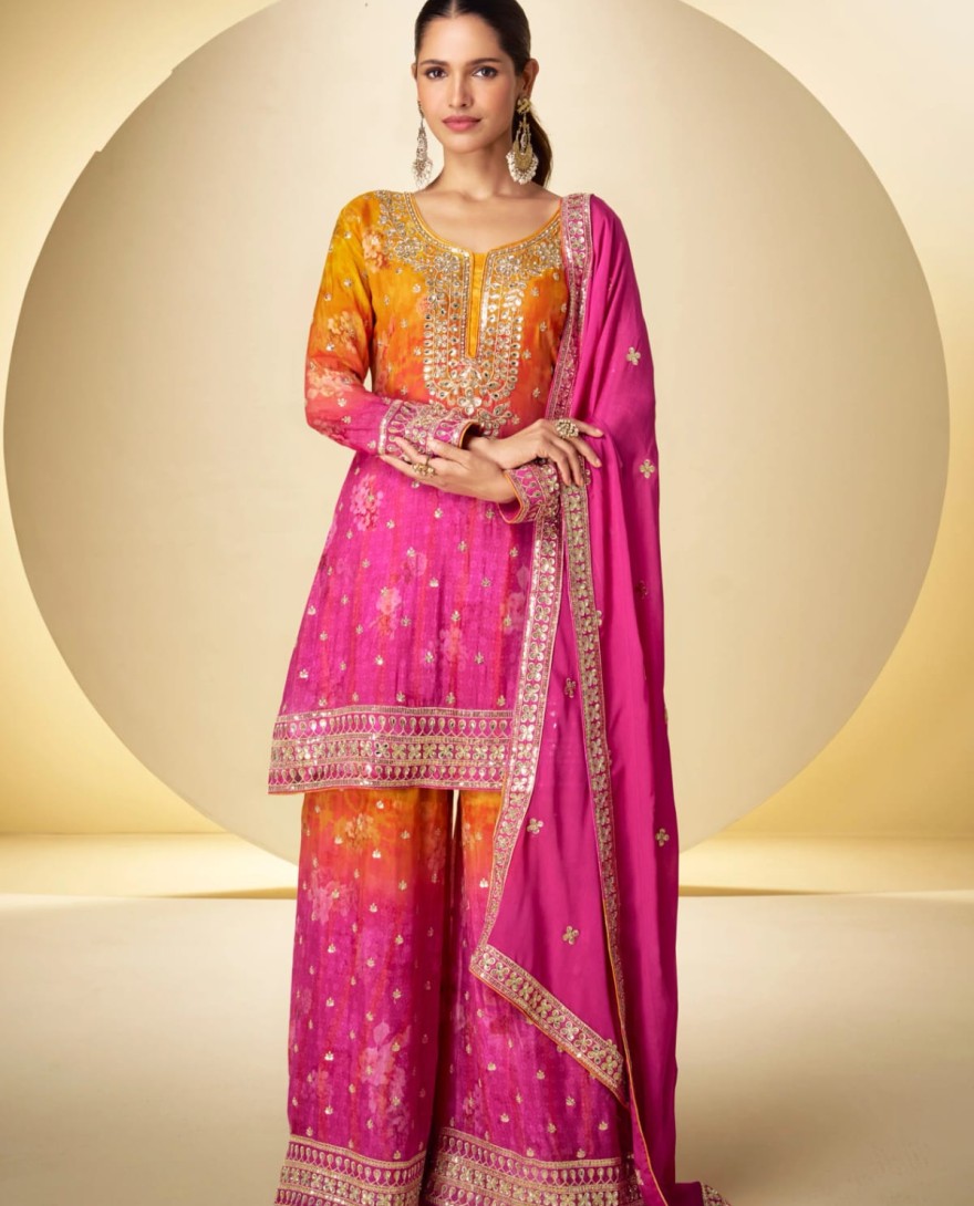 7599 - Pink Orange Real Chinon Embroidered Sharara Suit