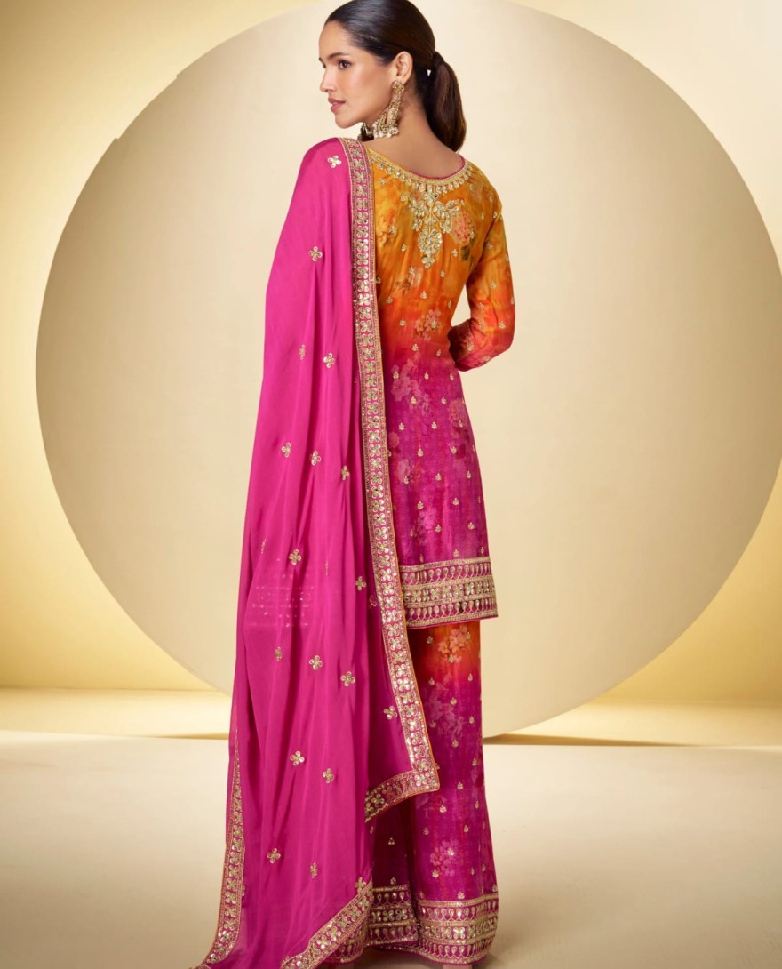 7599 - Pink Orange Real Chinon Embroidered Sharara Suit