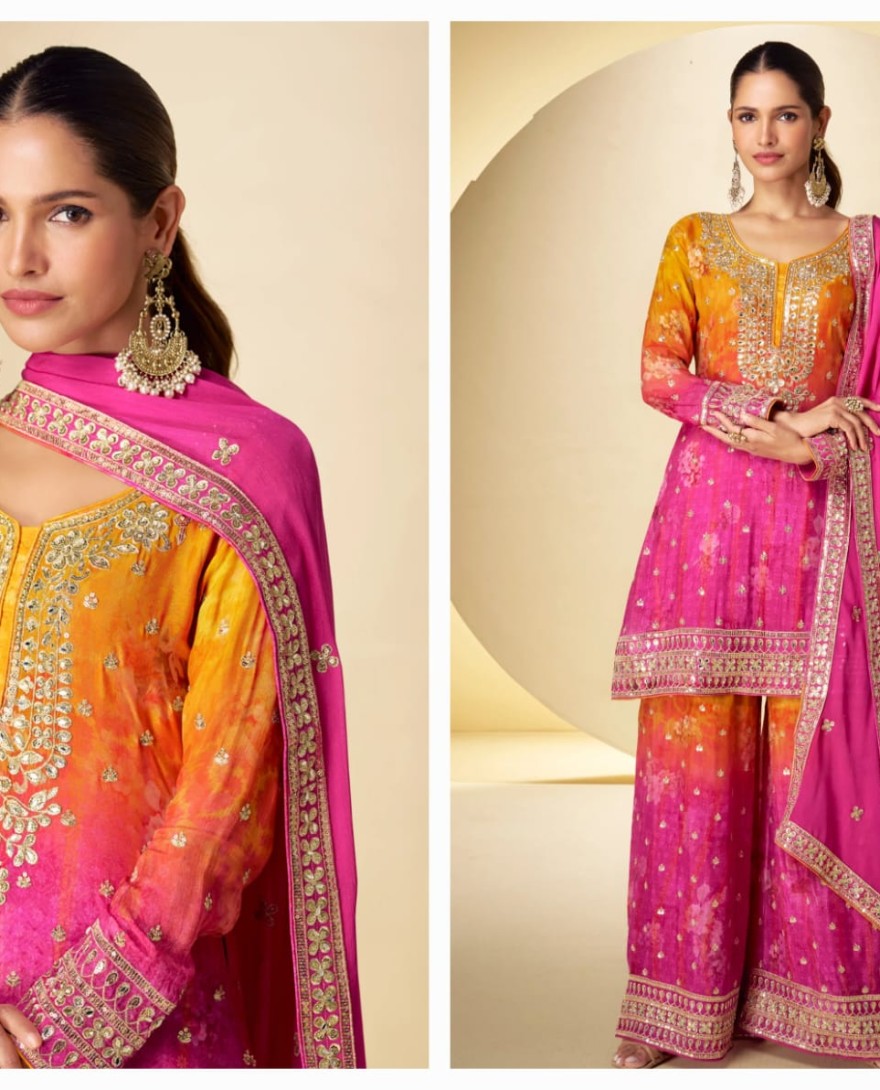 7599 - Pink Orange Real Chinon Embroidered Sharara Suit