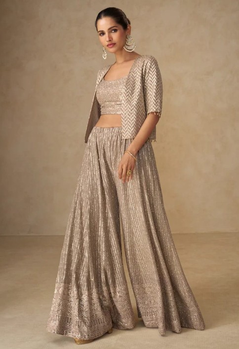 Designer Gold Champagne Embroidered Indo Western Georgette Jacket Palazzo Set