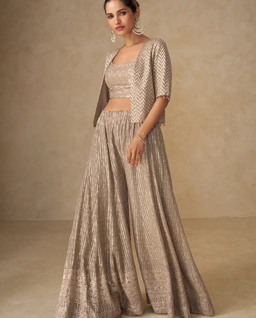 BROWN - Designer Gold Champagne Embroidered Indo Western Georgette Jacket Palazzo Set