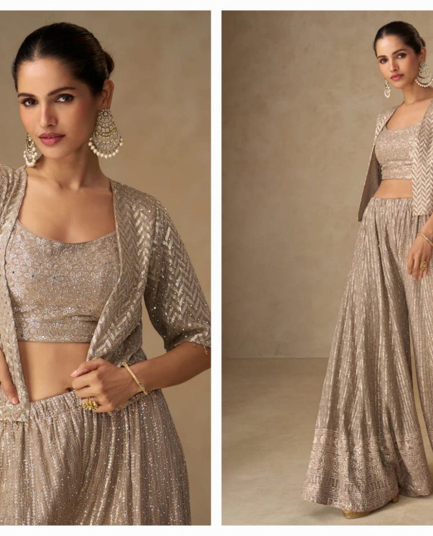 BROWN - Designer Gold Champagne Embroidered Indo Western Georgette Jacket Palazzo Set