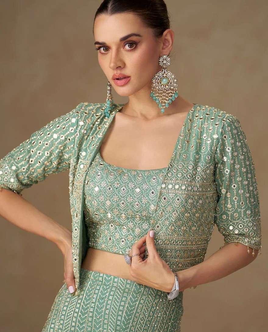 GREEN - Designer Soft Pastel Mint Green Embroidered Indo Western Georgette Jacket Palazzo Set
