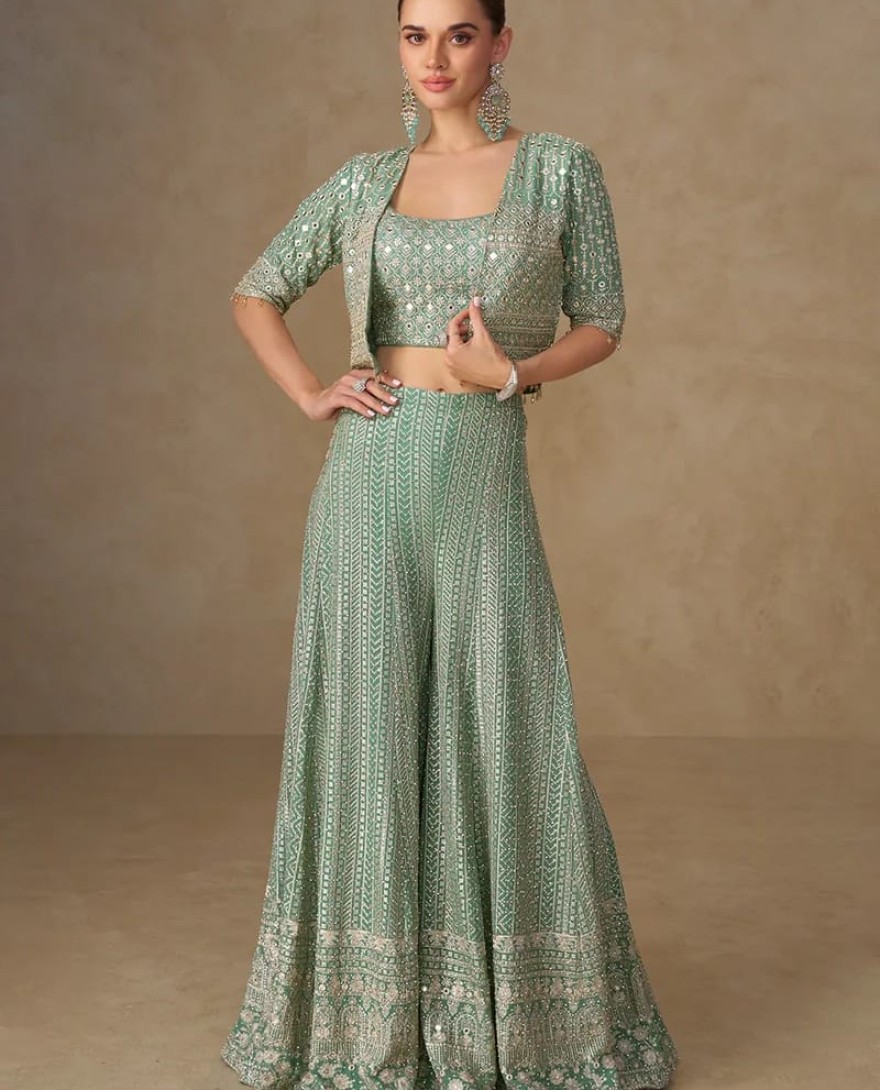 GREEN - Designer Soft Pastel Mint Green Embroidered Indo Western Georgette Jacket Palazzo Set