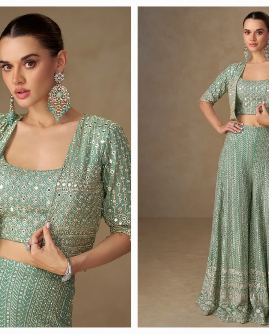 GREEN - Designer Soft Pastel Mint Green Embroidered Indo Western Georgette Jacket Palazzo Set