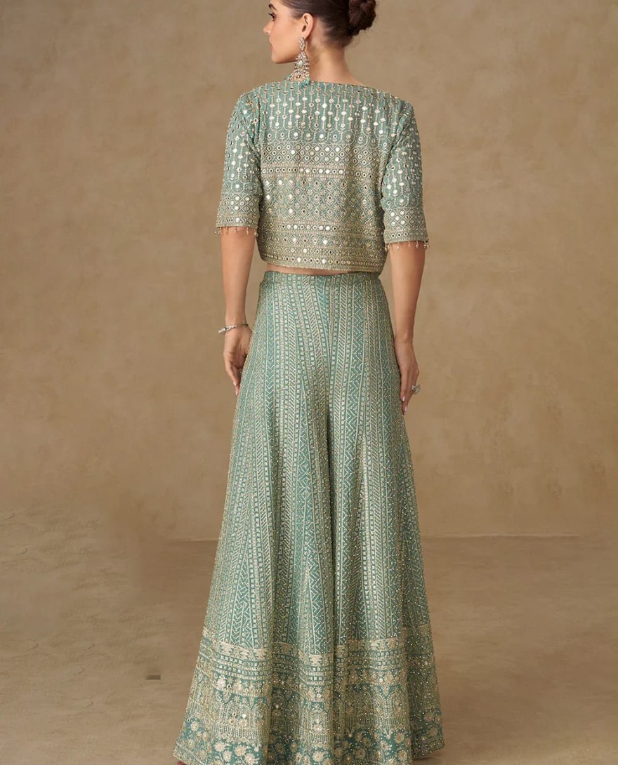 GREEN - Designer Soft Pastel Mint Green Embroidered Indo Western Georgette Jacket Palazzo Set