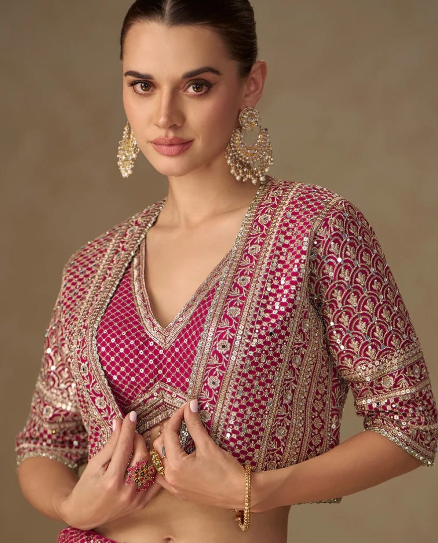 PINK - Designer Rani Pink Embroidered Indo Western Georgette Jacket Palazzo Set