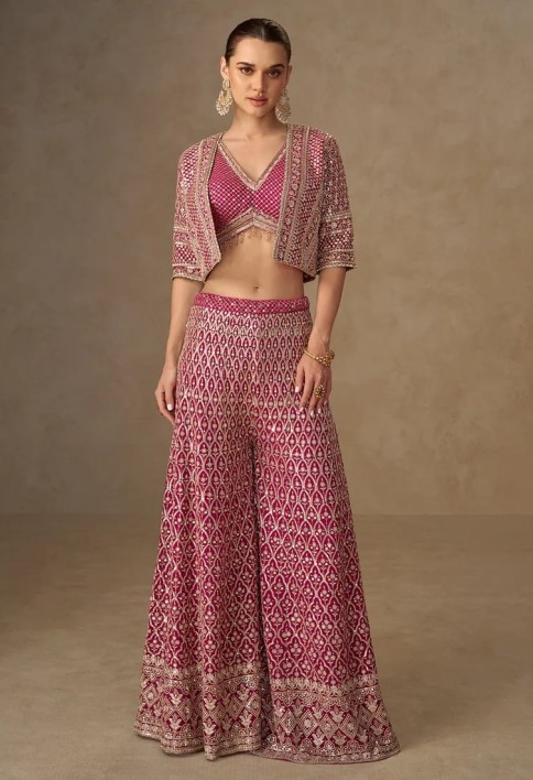 Designer Rani Pink Embroidered Indo Western Georgette Jacket Palazzo Set