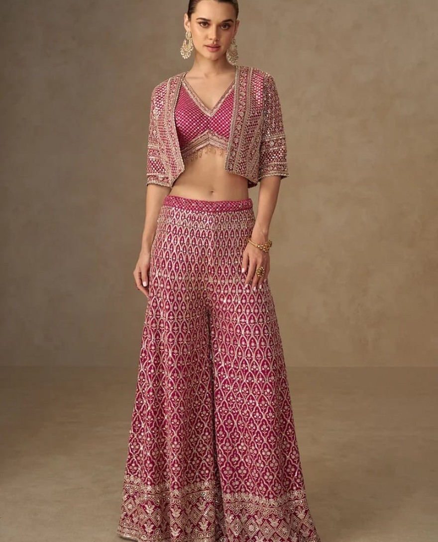 PINK - Designer Rani Pink Embroidered Indo Western Georgette Jacket Palazzo Set