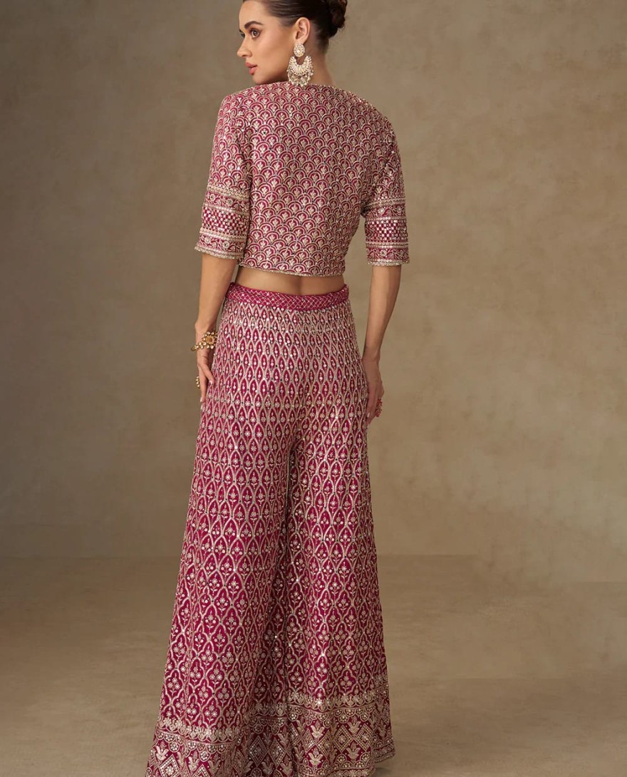 PINK - Designer Rani Pink Embroidered Indo Western Georgette Jacket Palazzo Set